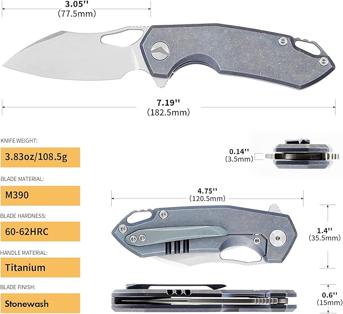 Folding Knife pocket knife EDC Knife With Clip Survival knife Camping knife - M390 Steel Titanium Handle - Outdoor Camping Survival Hunting knife with Sheath (Blue)