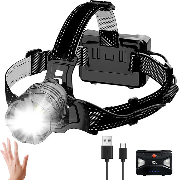Rechargeable Headlamp, 100,000LM Bright HeadLamp, 40H Runtime Weatherproof LED Headlight, 90° Adjustable Zoom Headlights for Forehead, Hiking Camping Headlamps for Adults