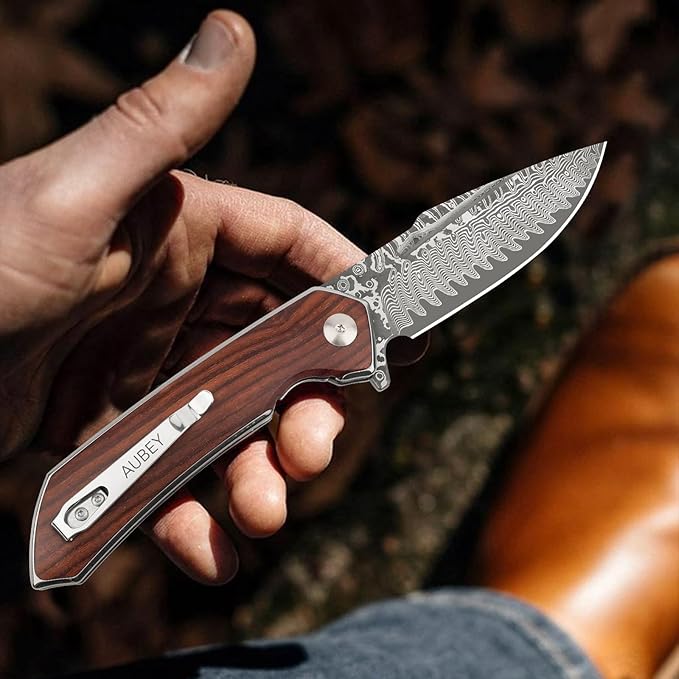 AUBEY Damascus Pocket Knife with Clip, Damascus Steel Blade Folding Knives with Ball Bearing, EDC Knife for Outdoor Camping Collection (Wooden Handle)