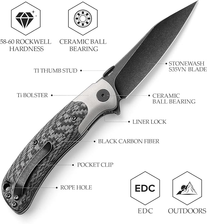 Folding Pocket Knife for Men, Flipper EDC Knife with Clip,3.66" S35VN Steel PVD Blackwash Wharncliffe Blade,Ti Thumb Stud, Ti Bolster & Carbon Fiber for Outdoor Camping, UMa-05B