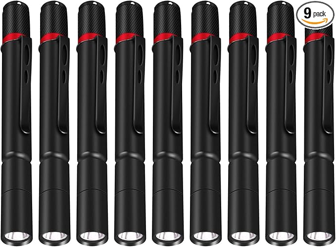 9 Pack LED Pen Light Flashlight Single Mode Aluminum Waterproof Mini Flashlight with Clip Pocket Pen Flashlights for Hurricane Work Camping Emergency