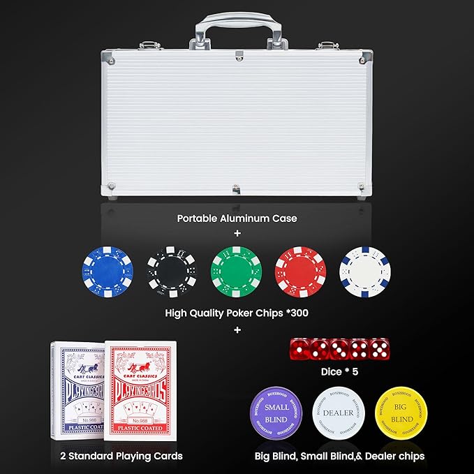 Poker Chips with Numbers 300 PCS Poker Chip Set with Aluminum Travel Case, 11.5g Poker Chips for Texas Holdem and Blackjack.