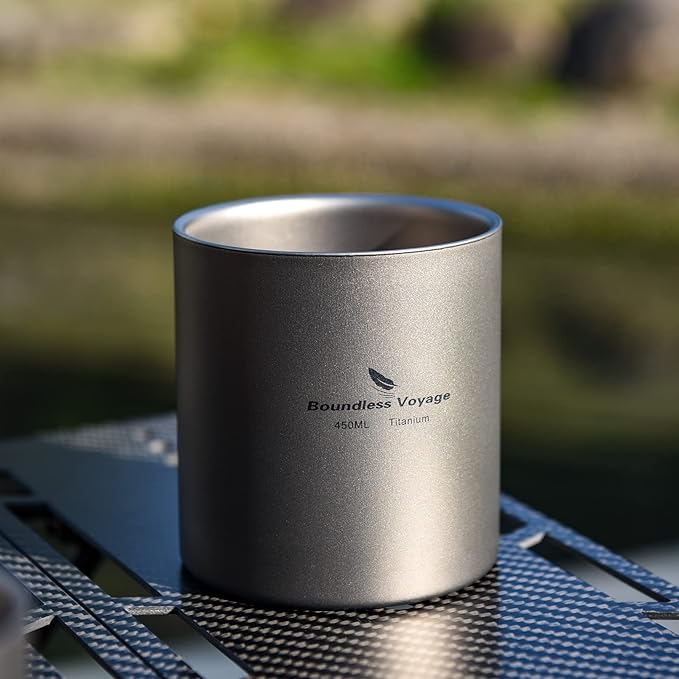 Boundless Voyage 3 in 1 Double Walled Titanium Cup Heat Resistant Mini Tea Drink Cup Outdoor Camping Mug Coffee Cups Camping Accessories (Ti3030D 450ml)