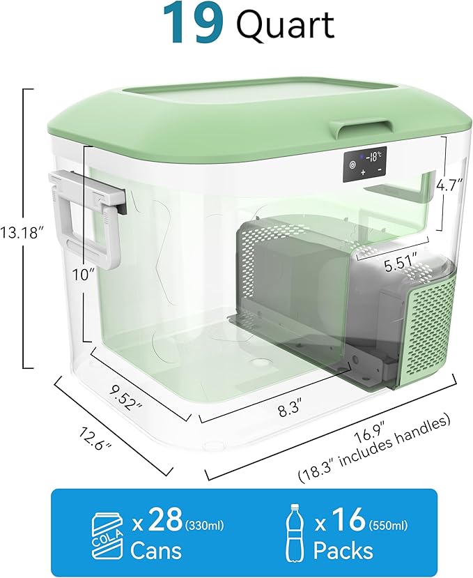 Car Refrigerator Portable 12V Fridge 19 Quart (18 Liter) 12 Volt Freezer Compressor Cooler 12V/24V DC 110～240 V AC for Truck Van RV Camper SUV and Home Use -18℃~+15℃