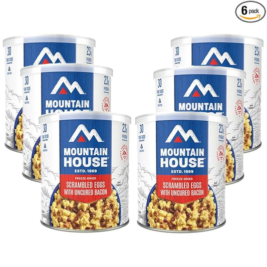 Mountain House Freeze Dried Scrambled Eggs with Uncured Bacon #10 Can ??9 Servings per Can ??Gluten-Free ??30-Year Shelf Life ??Emergency, Survival, Camping, Hunting & Backpacking Canned Food ??Pack of 6