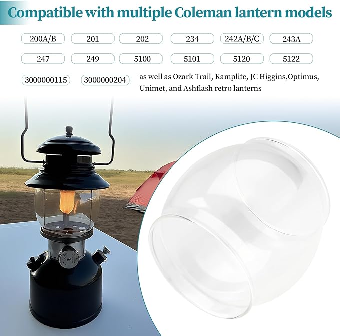 Lantern Glass Globe Replacement, Compatible with Coleman 200A/B &R690B051,Fits Kamplite, JC Higgins, Optimus, Ashflash Vintage Lanterns,Heat-Resistant Clear Bulged Glass for Camping & Emergency Lights