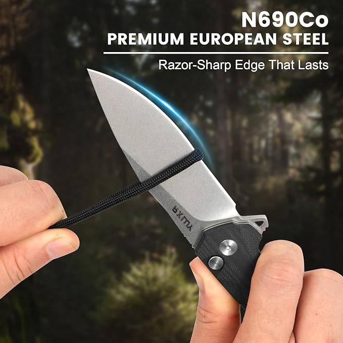 Folding Pocket Knife with Leather Sheath, 3.47" N690Co Premium Steel Blade G10 Handle Knives, EDC Small Folding Knife for Men Women, Outdoor Survival Camping Hiking Knife (Black)