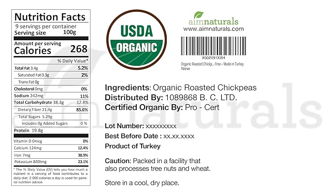 Organic Roasted Chickpeas 2 LB- USDA Organic Certified – Healthy Snack, Lightly Roasted, No Oil, No Salt, No GMO & Gluten Free – Product of Turkey