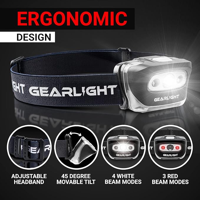 GearLight USB Rechargeable Headlamp Flashlight - S500 Running, Camping, and Outdoor LED Headlight Camping Headlamps - Head Lamp Light for Adults, Kids, Emergency Gear - Black - 2 Pack, Rechargeable