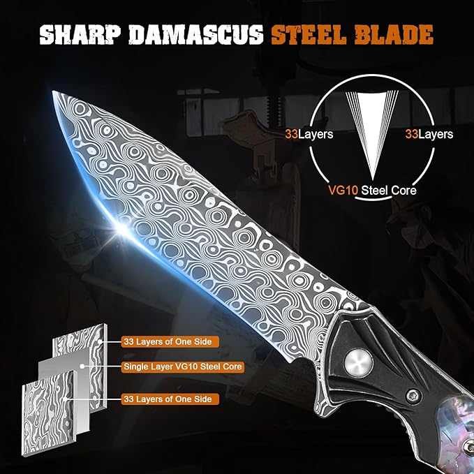 AUBEY Damascus Pocket Knife for Women Men, 3.43" VG10 Damascus Steel Blade Knife with Clip, EDC Folding Knives with Abalone Shell Handle, Gift for Camping Outdoor Hunting Hiking Collection