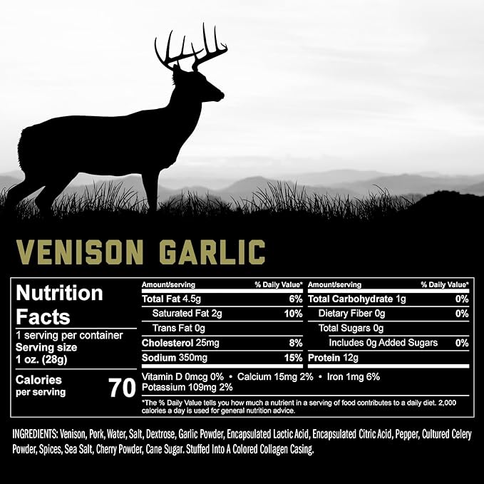 ICON Meats Venison and Pork Snack Sticks - Garlic Flavor - 24 Pack of Individually Wrapped Meat Sticks, USDA Approved, All Natural Artisan Meats, Diet Friendly, High Protein, Low Calorie, Sugar Free
