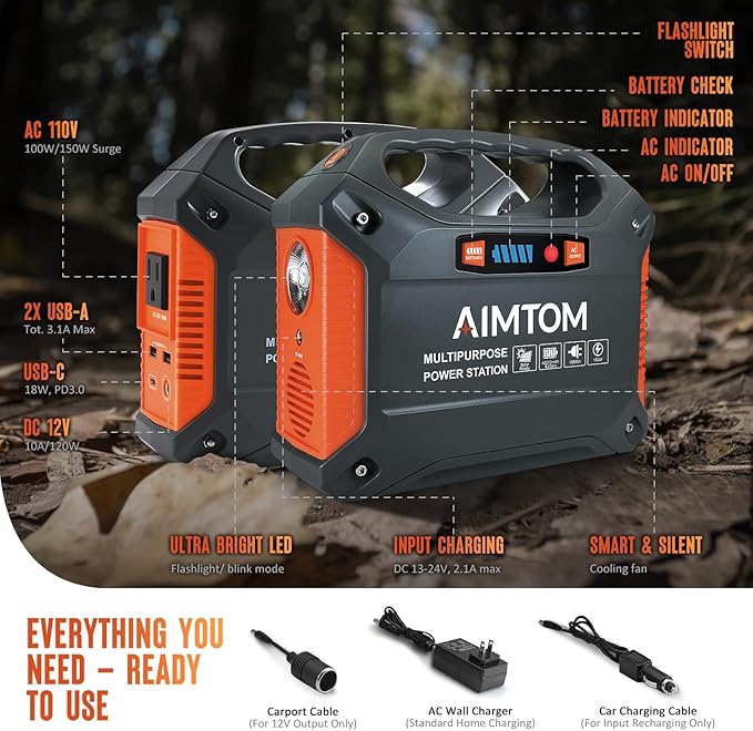 AIMTOM 155Wh Portable Power Station with 30W Solar Panel ??150W Peak/110V AC, 18W USB-C, 2x USB-A & 12V DC ??Solar Generator for Camping, Home, RV, Travel & Emergencies
