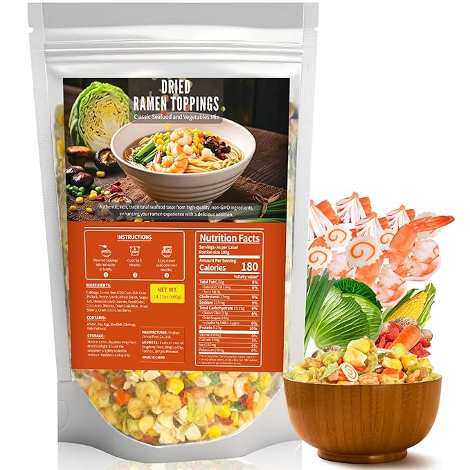 Dried Ramen Toppings-Dehydrated Vegetables & Seafood Mix Instant Ramen Toppings 100% Natural, 14oz Resealable Bag for Cooking, Camping, Office Meals