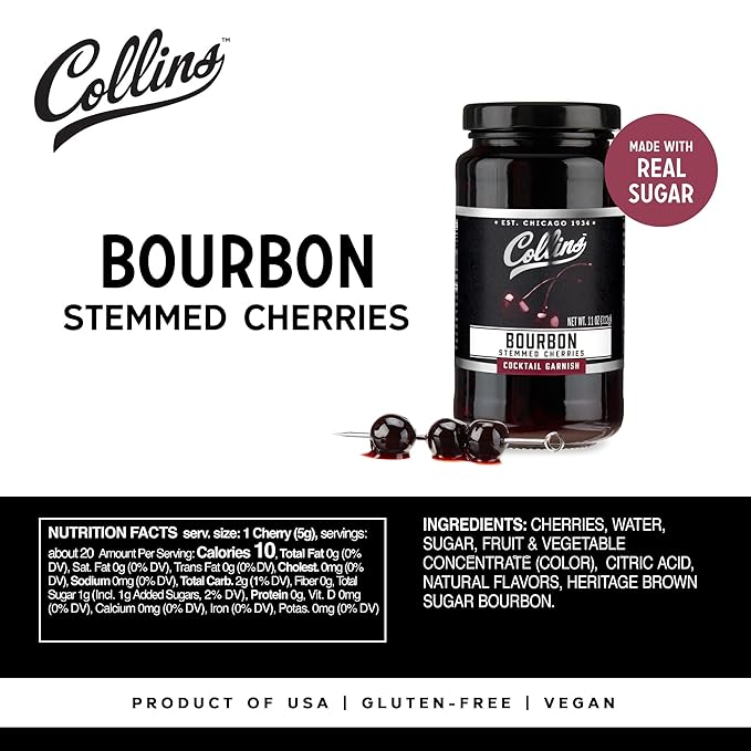 Collins Bourbon Cocktail Cherries - Drinks Garnish for Manhattan or Old Fashioned Cocktails and Desserts, Made with Award Winning Whiskey, Set of 6 11 oz Jars