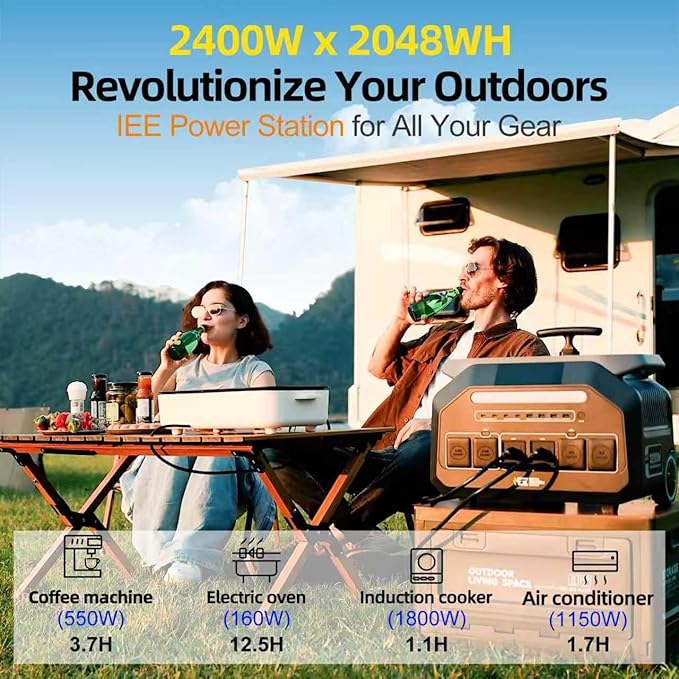 IEE P2400 Solar Powered Generator with 2x200W Solar Panel,2400W AC Outlet(Peak 5000W) 2048WH Lifepo4 Battery,1800W 1.2H Fast Charge Below 30DB 5-8MS EPS Switch Solar Power Station for Home Backup,RV.