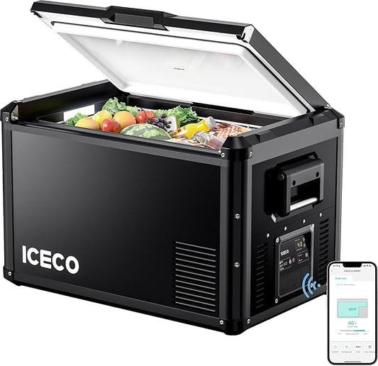 ICECO VL60 ProS Portable Refrigerator, Multi-directional Lid, Dual USB & DC 12/24V, AC 110-240V, 60L Steel Compact Refrigerator Powered by SECOP, 0℉ to 50℉, Home & Car Use [Upgrade, 63 Quarts]