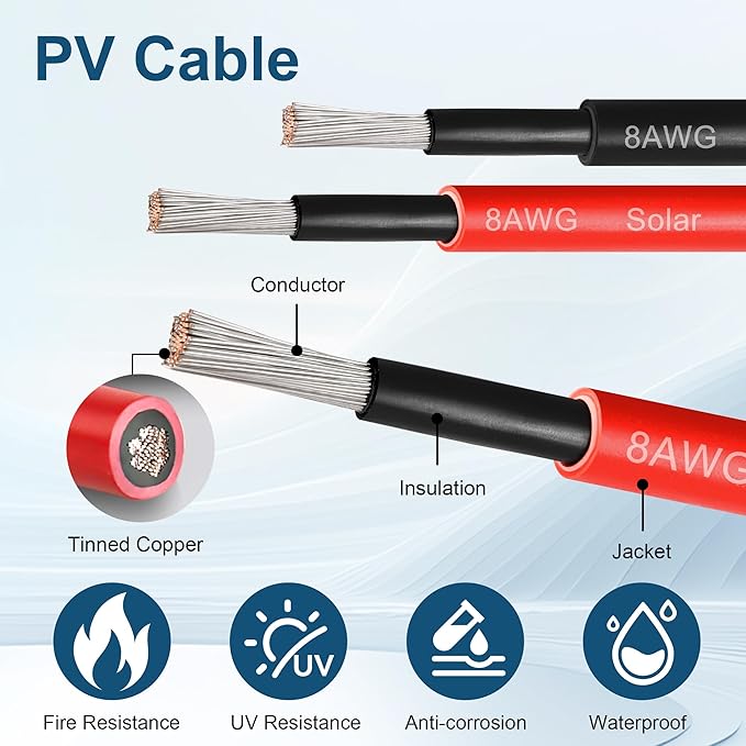 20FEET 8AWG Solar Panel Extension Cable,8 Gauge Extension Cord, Solar Panel Wire with Extra Fair of Female and Male Quick Connectors Solar Adapter for RV, Off-Grid Systems (20FT Red + 20FT Black)