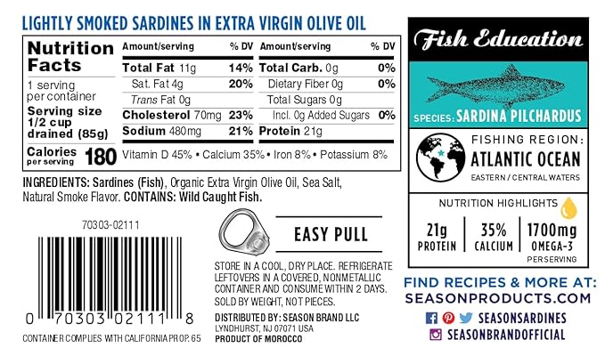 Season Sardines in Extra Virgin Olive Oil - Wild Caught, Lightly Smoked, 21g of Protein, Keto Snacks, More Omega 3's Than Tuna, Kosher, High in Calcium, Canned Sardines - 4.37 Oz Tins, 6-Pack
