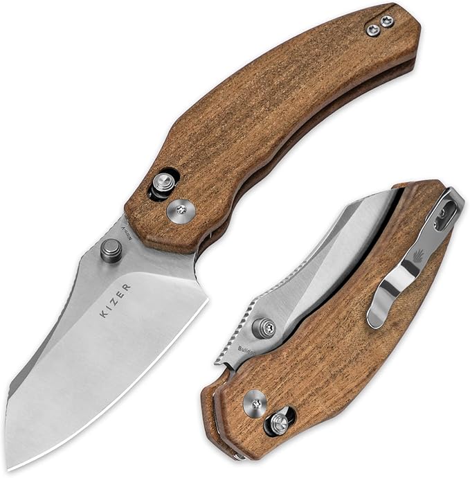 Kizer Bulldog Pocket Knife, 3 In Nitro V Blade Folding Knife Mkuruti Wood Handle Camping Hunting Knife with Reversible Clip, Clutch Lock Small EDC Knives for Men Women V3672A2