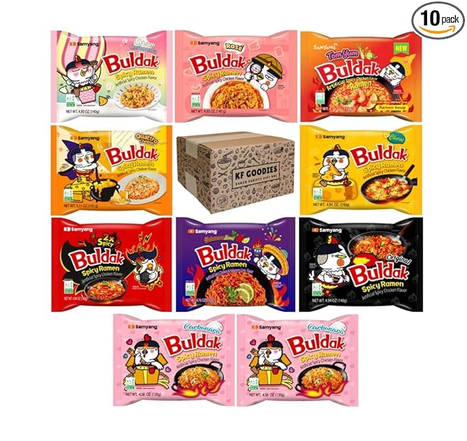KF GOODIES Korean Ramen Variety Pack Gift Box (10 Count) – Spicy Buldak Noodle Assortment for Birthdays, College Care Packages, Office Snacks, and Gift Baskets