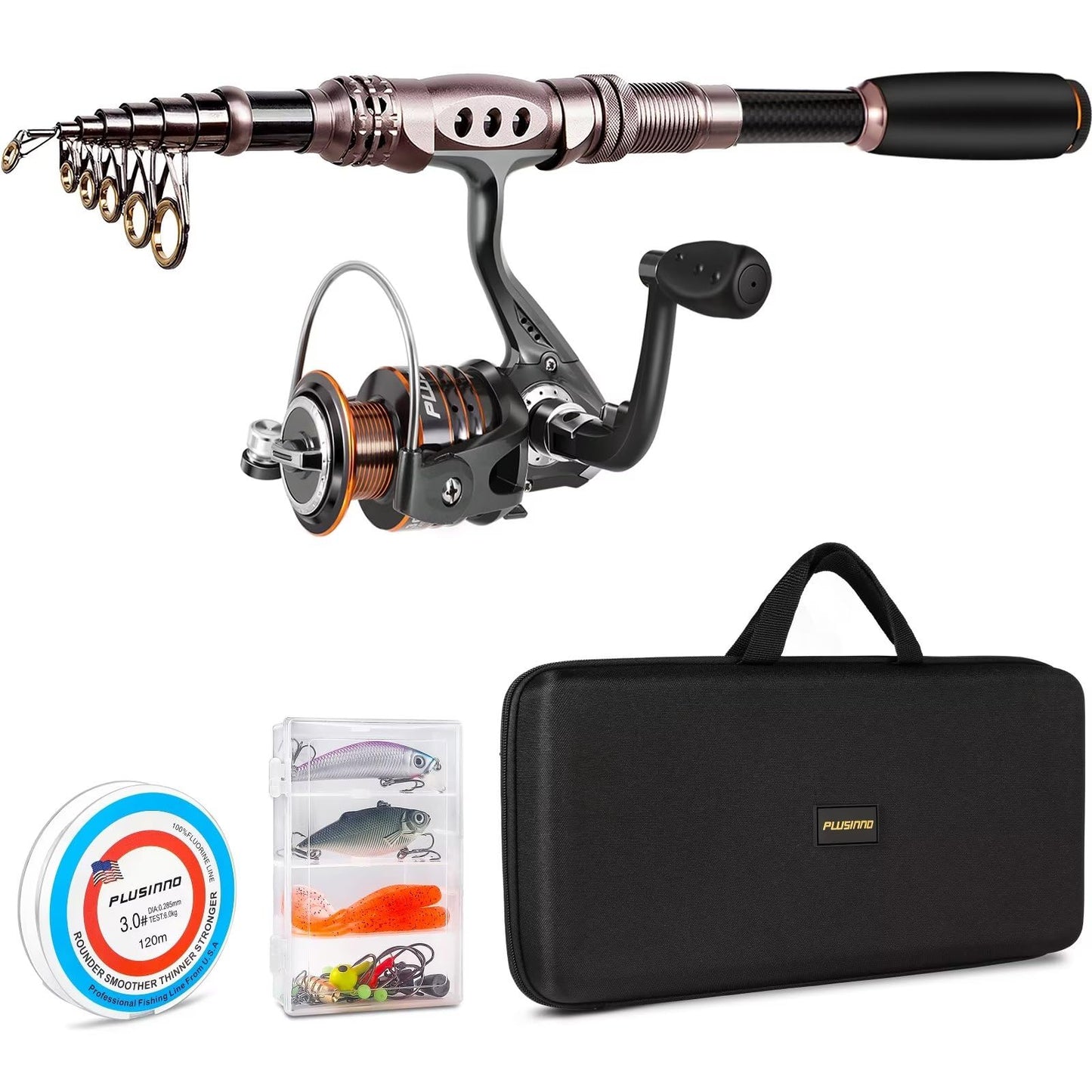 PLUSINNO Spinning Rod and Reel Combos Telescopic Fishing Rod Pole with Reel Line Lures Hooks