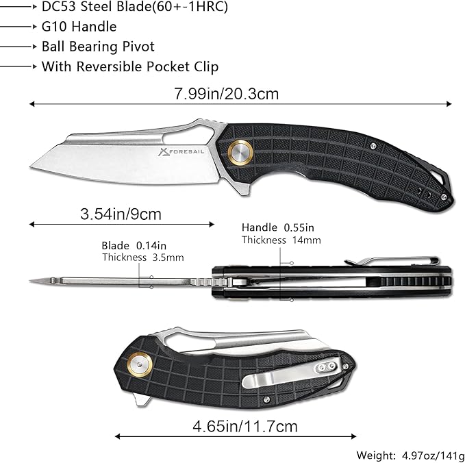 Folding Pocket Knife, 3.54" DC53 Steel Blade,4.65" G10 Handle, Liner Lock, Reversible Pocket Clip for Everyday Carry, Outdoor Activities. (Gray Stonewashed Blade)