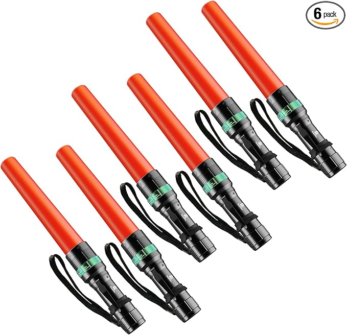 RoadHero 6 Pieces 11 Inch Traffic Wand with Strobe Modes LED Safety Signal Flashlight Wand with Wrist Strap and Side Clip for Traffic Control, Parking, Using 3 AAA Batteries, Batteries Not Included
