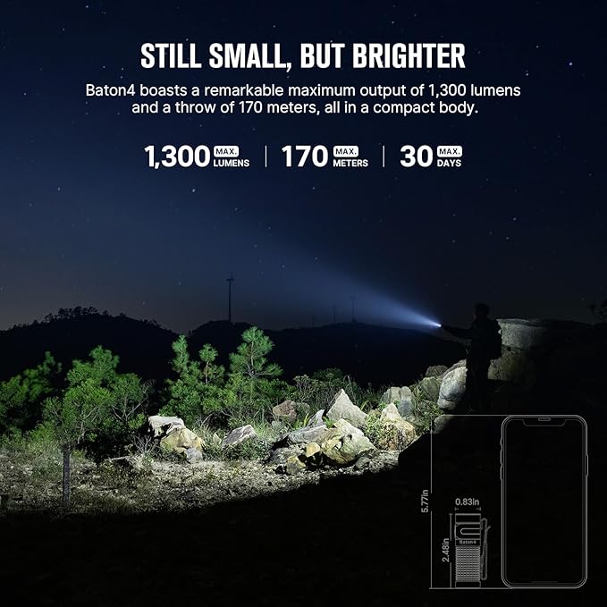 OLIGHT Baton4 Rechargeable EDC Flashlight, LED Pocket Light 1300 Lumens with Magnetic Charging Cable, 6 Modes, IPX8 Waterproof Powerful Bright Flashlight for Home, Camping and Emergencies (OD Green)