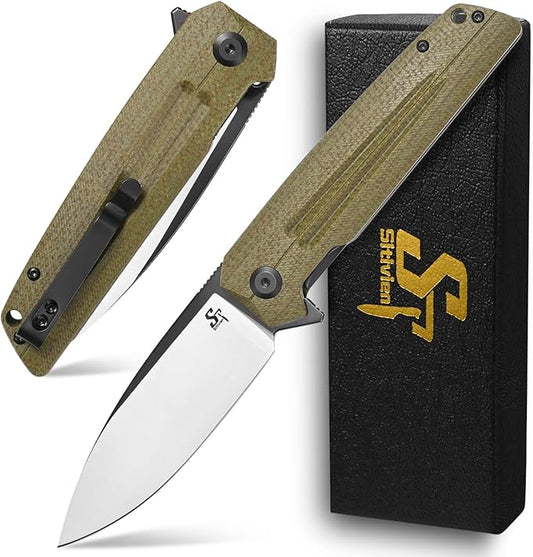 Sitivien ST152 Folding Knife,K110(D2) Steel Blade with Micarta Handle EDC Tool Knife for Outdoor Camping,Hiking,Fishing(Green)