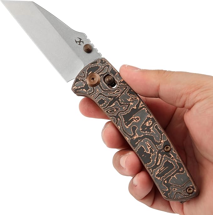 KANSEPT Elite Main Street Pocket Knife, 3.36''Stonewashed CPM S35VN Tanto Blade, Copper Carbon Fiber Handle with Axis Lock and Thumb Stud,Clip for EDC, Men Gift Camping Survival Folding knives K1015V3