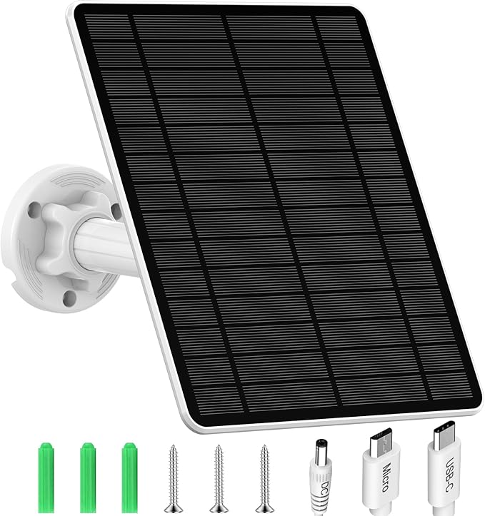 Solar Panel for Security Camera, 5W Solar Panel for Micro USB & USB-C & DC Port Outdoor Rechargeable Battery Camera, Camera Solar Charger with 10Ft Cable, 360° Adjustable Bracket, IP65 Waterproof
