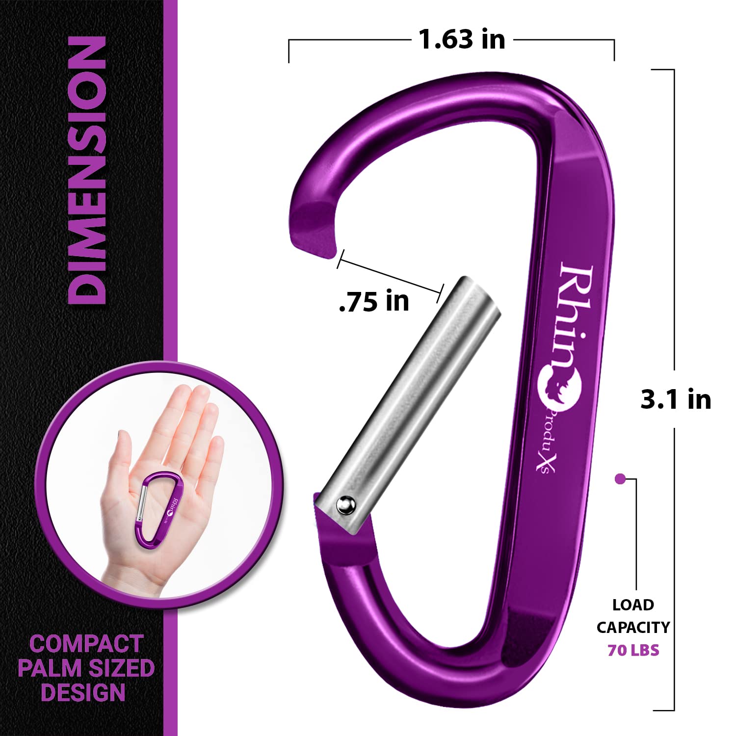 Rhino Produxs 8PCS Lightweight Snap Carabiner Clips D Ring Shape