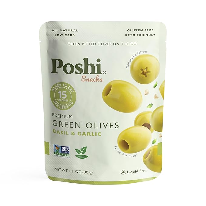 POSHI Green Pitted Olives - Basil & Garlic | Vegan, Kosher, Gluten Free + Keto Friendly, Fresh, Low Calorie Healthy Snacks | (30 Pack, 1.1oz Bags)