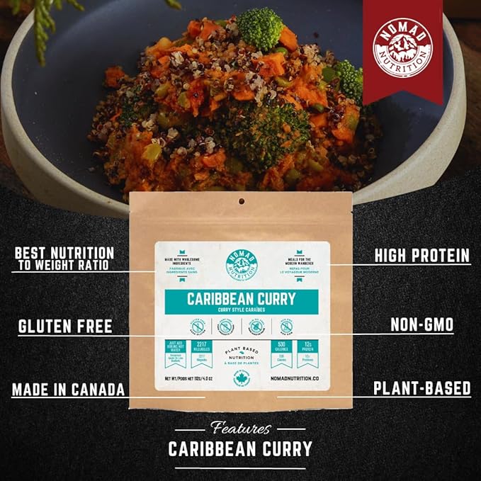 Nomad Nutrition Caribbean Curry | Instant Freeze Dried Backpacking & Camping Food | Plant-Based, Non-GMO Hiking Meals with High-Energy, Vegan, Gluten-Free | 56g - 2 Pack