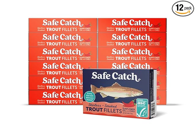 Safe Catch Smoked Rainbow Trout Fillets in Sunflower Oil with Chili, Skinless and Boneless Canned Fish, Mercury Tested, Pack of 12