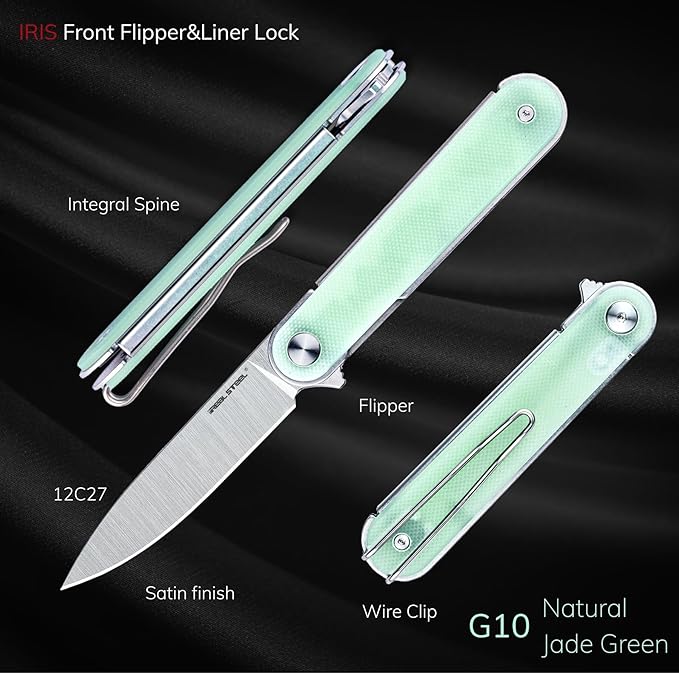 REALSTEEL IRIS Pocket Knife, Folding Knife, Flipper, Liner Lock, 2.99" 12C27 Steel Blade, Lightweight G10 Handle, 1.74oz, Deep-carry Pocket Clip, EDC Outdoor Indoor, Gifts for Men Women Camping Hiking Climbing Fishing (Natural G10)