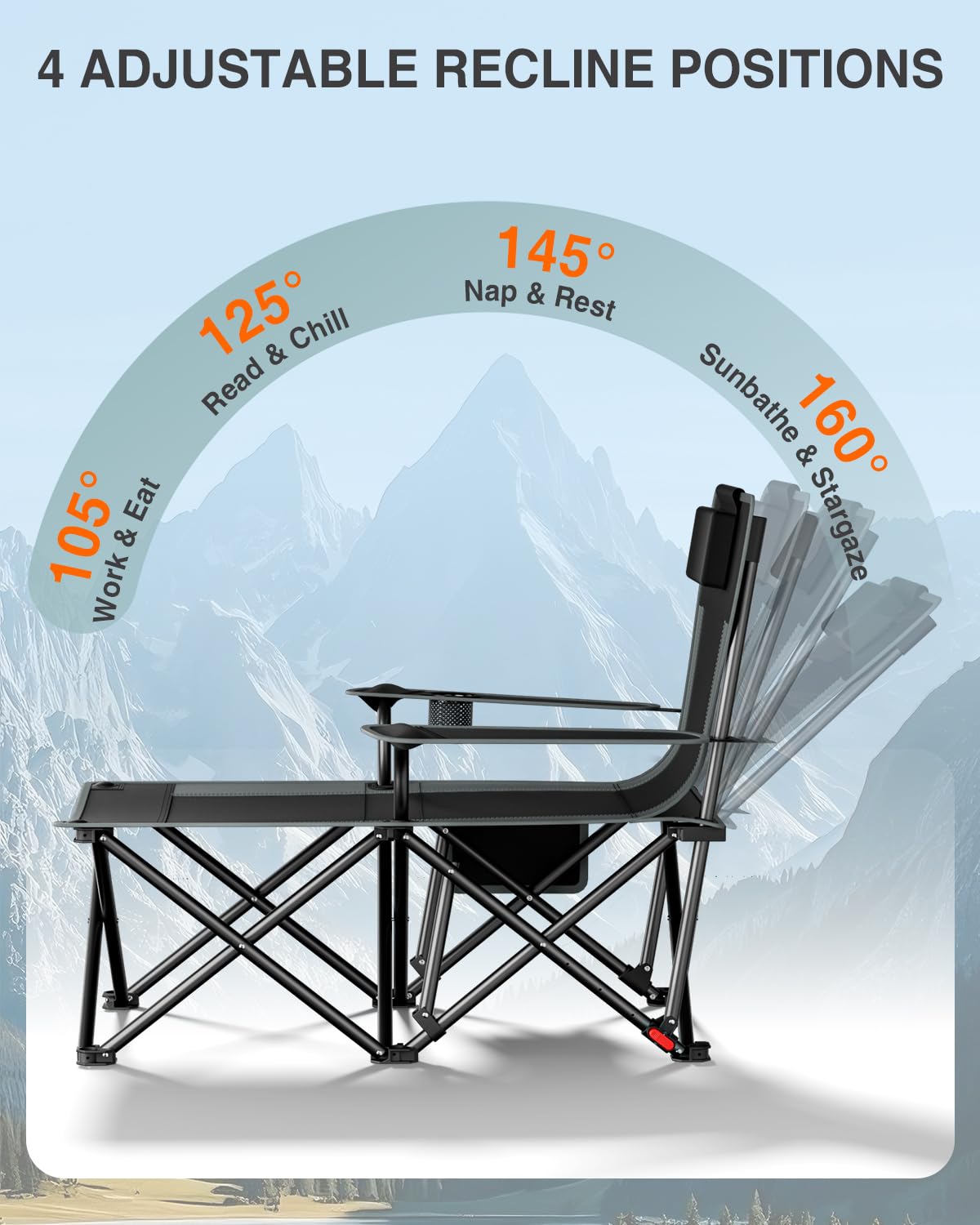 HOPERAN Camping Chair with Foot Rest, 500LBS 4-Level Reclining Beach Chair