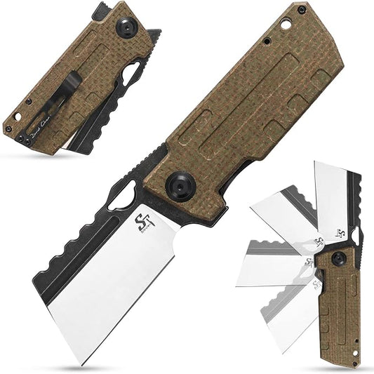 Sitivien ST155 Folding Knife,Sandvik 14C28N Steel Blade,Micarta Handle EDC Tool Knife Pocket Knife for Fishing,Camping,Hiking(Green) …