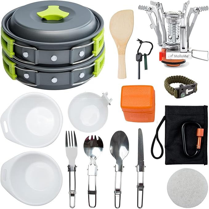 MalloMe Camping Cookware 18pc Mess Kit w/Backpacking Stove ??Camping Cooking Set for Backpacking Gear - Camping Pots and Pans Set w/Camping Pot Pan Stove Utensils Camp Kitchen Equipment Accessories