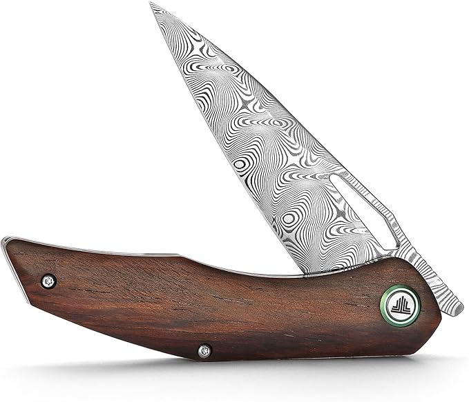 Folding Pocket Knife for Men With Clip, Front Flipper EDC Knife for Best Outdoor Camping Hiking Work Utility Knives,3.62''Damascus Steel Blade &Rosewood Handle &Ti Ring.Taurus-01r