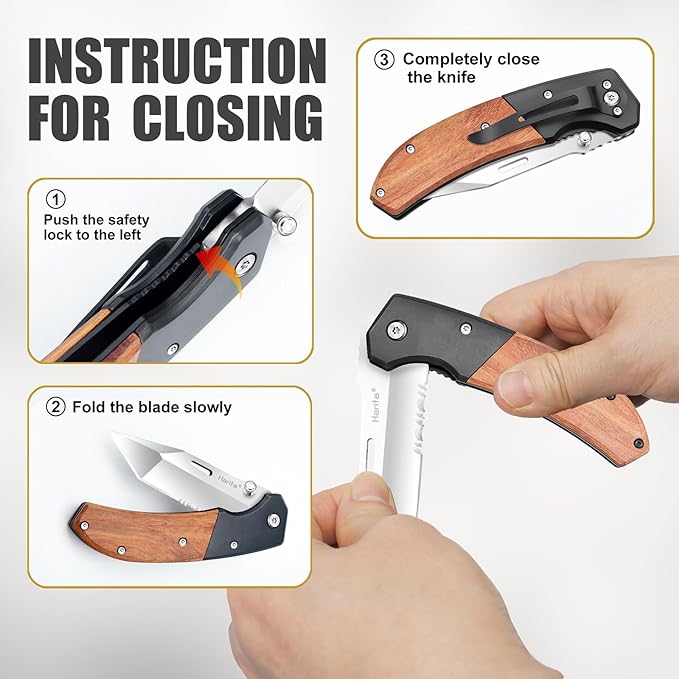 Harita Pocket Knife for Men, Folding Utility with Pocket Clip, Wood Handle EDC for Women with 3.4″ Sliver Serrated Steel Blade, Camping Knife, Hunting, Hiking - Father's Day Gift (Sliver, 3.4 inch Half Serrated Blade)