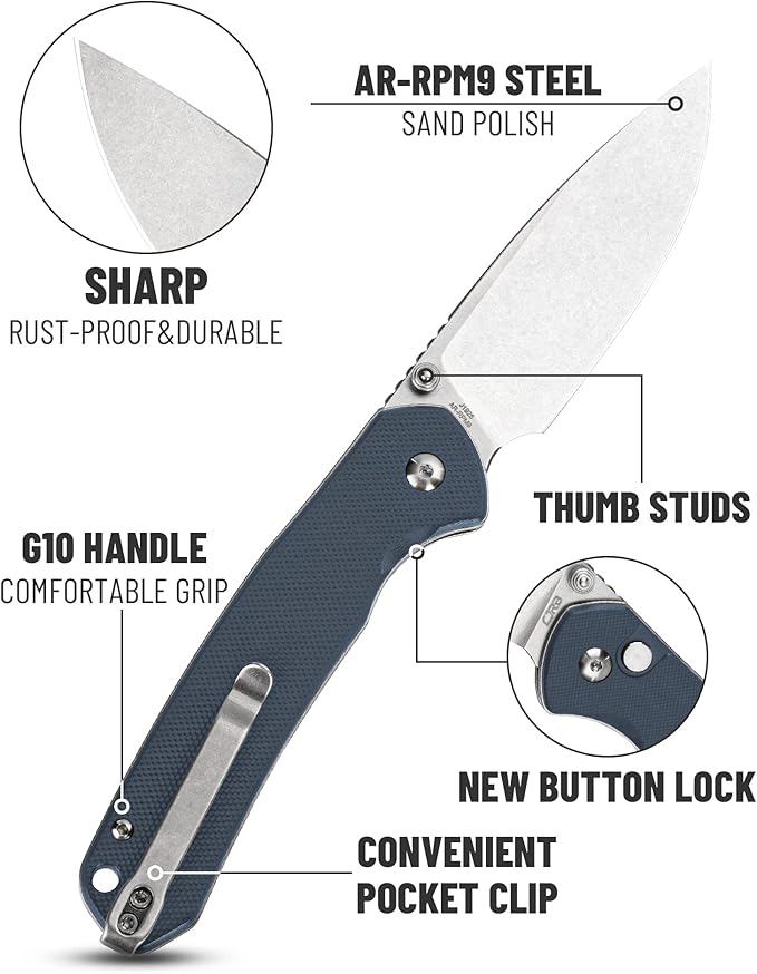 CJRB Folding Knife Pyrite (J1925) AR-RPM9 Blade and Stainless Steel Handle EDC Pocket Knife with Clip Blue