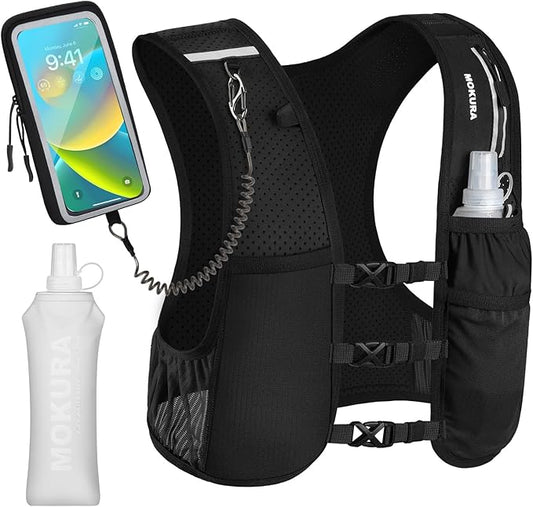 MOKURA Running Vest for Women Men, Reflective Hydration Vest with 500ML Soft Flask and Phone Holder, Adjustable Running Backpack, Lightweight Run Pack Water Bottle, Runner Marathon Essentials