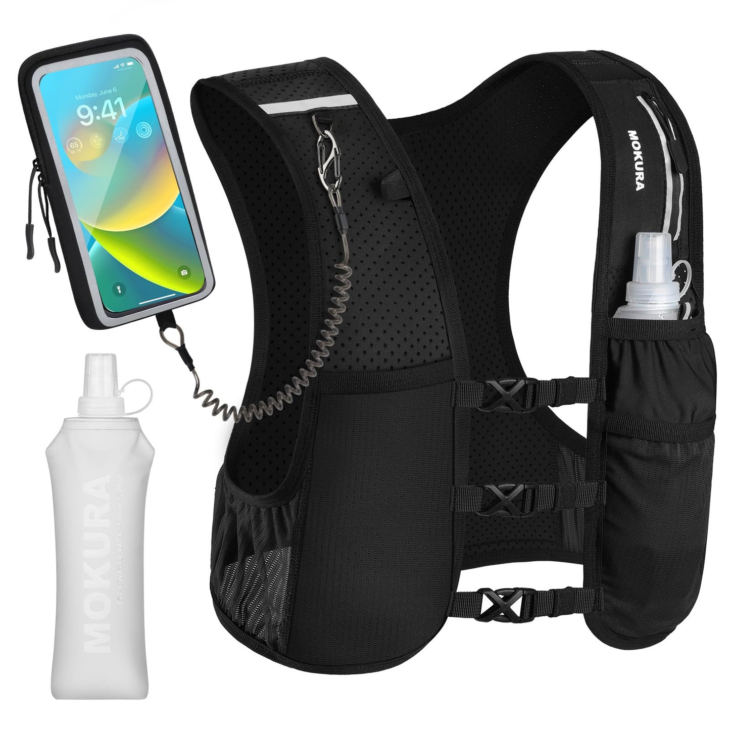 MOKURA Running Vest for Women Men with 500ML Soft Flask & Phone Holder