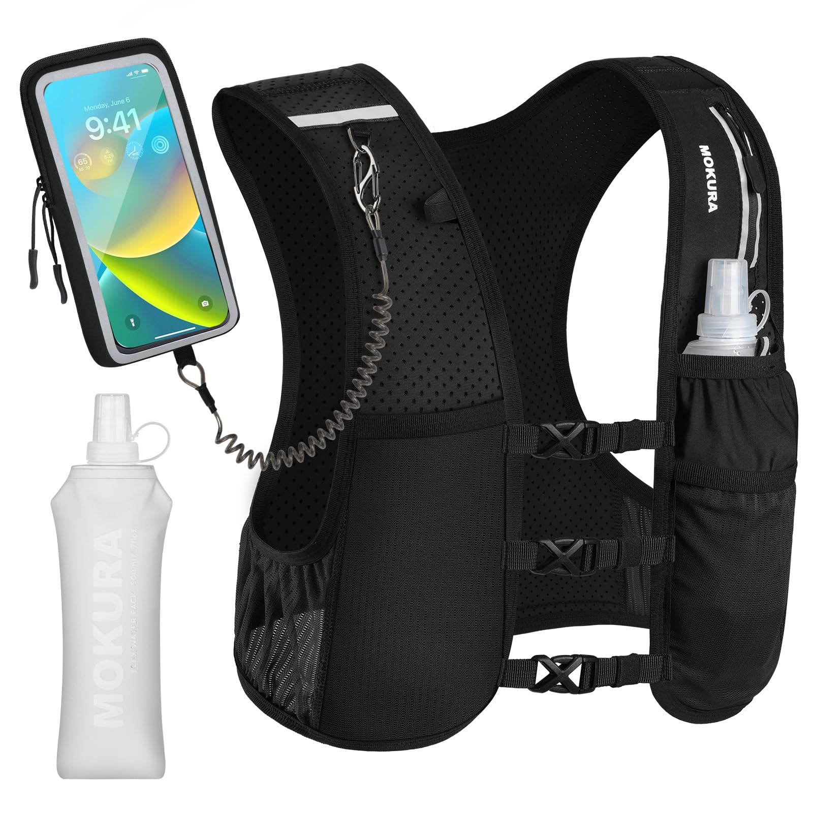 MOKURA Running Vest for Women Men with 500ML Soft Flask & Phone Holder