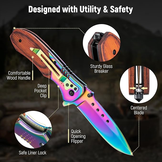 Pocket Knife for Men - 3.46" Sharp Blade Wood Handle Pocket Folding Knives with Clip, Glass Breaker - EDC Knives for Survival Camping Fishing Hiking Hunting Women, Rainbow