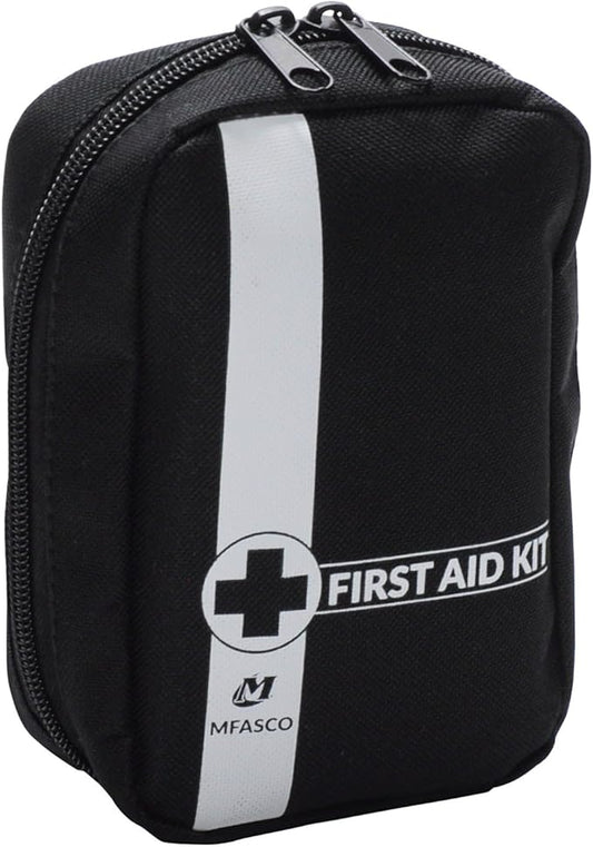 MFASCO Personal First Aid Kit Compact Storage, A Mini Emergency Kit Delux with 42-Piece Emergency Pack, Rescue Blanket, Black Canvas Case for Travel, Camping, and Hiking Attachable to Belts or Bags