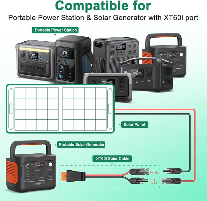 Oududianzi 12AWG XT60i Solar Cable 30FT, Solar to XT60i Cable 3 10 15 20 25 40 50FT, Solar Panel Connector to XT60i Adapter Cable, XT60i Solar Charging Cable for Portable Power Station - 30Ft