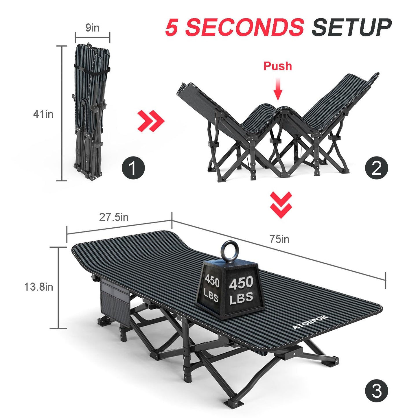 ATORPOK Camping Cot for Adults with Cushion, Tent Folding Cot for Sleeping