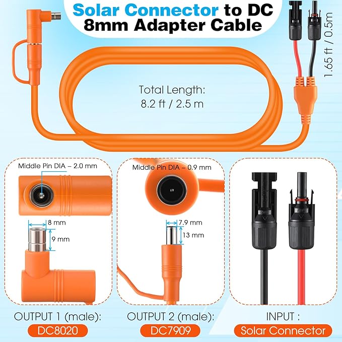 Tellingyou Solar Connector to DC 8mm Adapter Cable, 8.2 ft Solar Panel Cable with DC8020/7909, Compatible with Jackery Explorer 160 240 500 1000, Compatible with BLUETTI Portable Power Station(2pack)